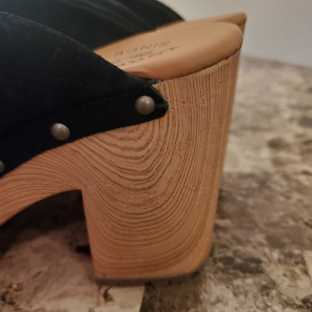Kork Ease sz 10M black Suede Leather Clogs Studded faux Wood chunky heels retro - Picture 6 of 14